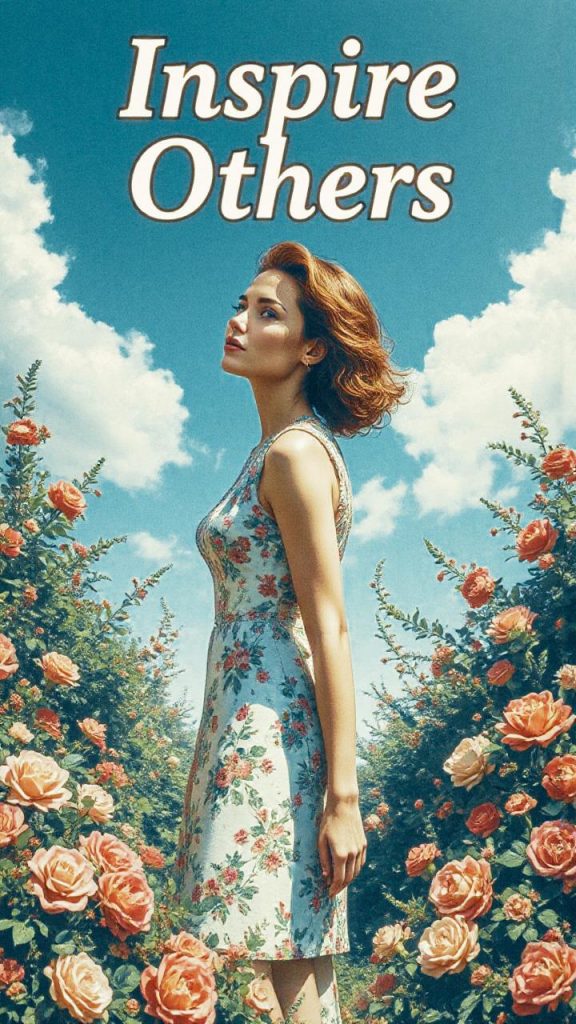 Under a sky adorned with clouds, a woman in a chic floral dress embodies elegance in a rose garden. "Inspire Others" graces the scene.