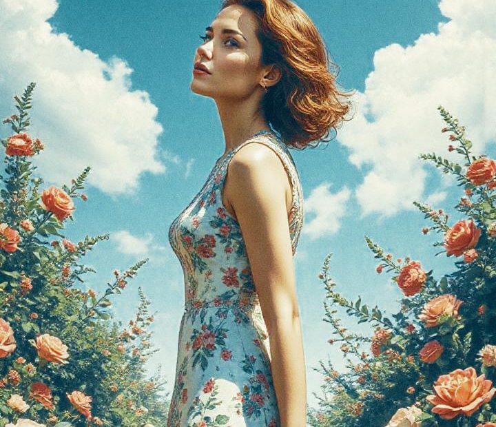 Under a sky adorned with clouds, a woman in a chic floral dress embodies elegance in a rose garden. "Inspire Others" graces the scene.