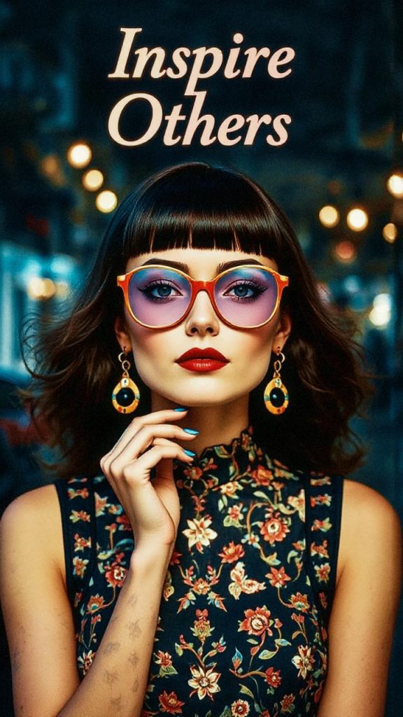 A confident woman with orange-rimmed glasses and bold makeup styles a floral top and dangling earrings. Text reads, "Inspire Others.