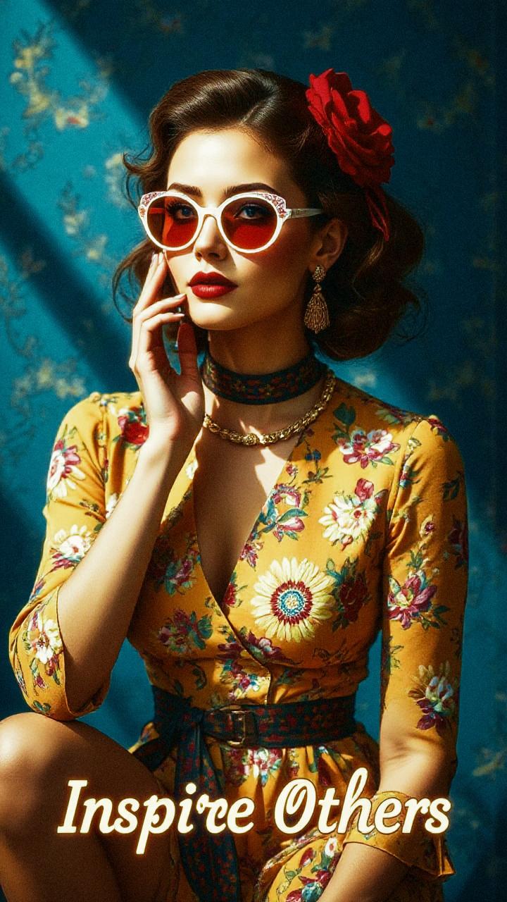 A woman in a floral dress and red heart-shaped sunglasses, adorned with a rose in her hair, exudes retro charm against a floral backdrop. "Inspire Others" appears below.