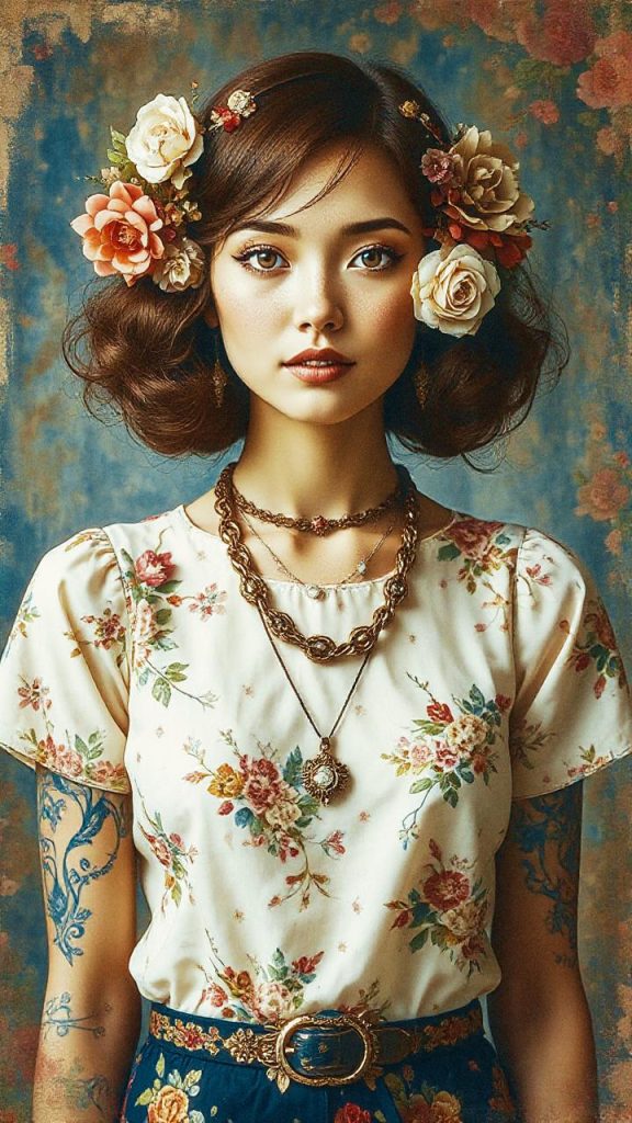 A trendsetter with floral curls dons a floral blouse, layered necklaces, and a vintage belt. Tattoos accent her serene style statement.
