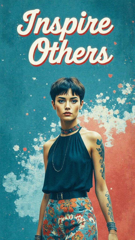 In front of a vibrant splatter backdrop, a tattooed trendsetter in a dark sleeveless top and floral pants embodies bold confidence. "Inspire Others" shines above.