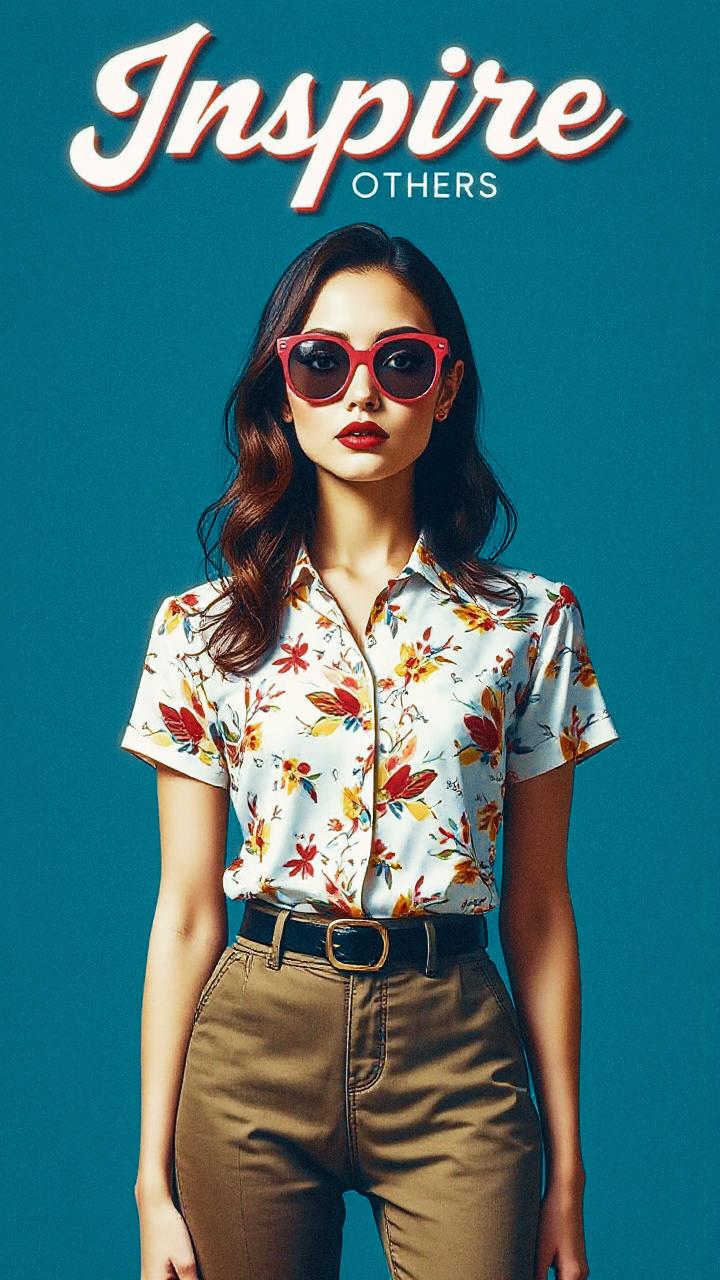 A stylish woman in red sunglasses and a floral shirt exudes confidence against a blue backdrop, embodying the "Inspire Others" mantra.