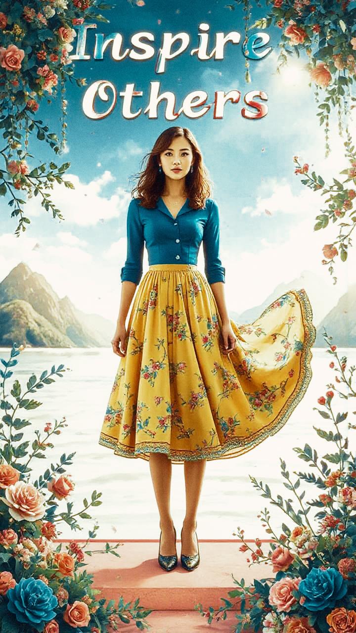 A stylish woman in a blue top and yellow floral skirt poses amidst nature's beauty, embodying the vivacious spirit of spring fashion. "Inspire Others.