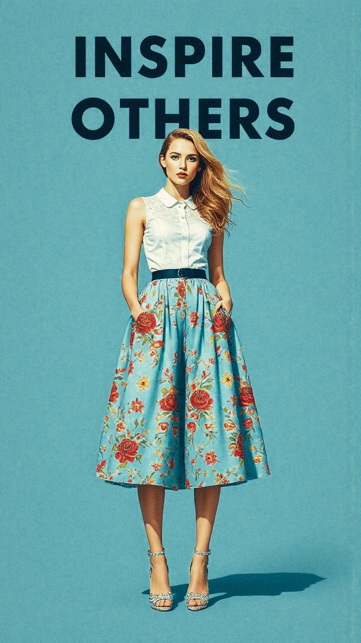A stylish woman strikes a confident pose against a teal backdrop, donning a chic floral blue skirt with pockets and a white blouse. "Inspire Others" graces the scene.