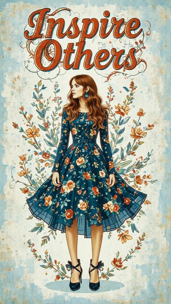 A stylish woman with flowing brown hair in a blue floral dress pops against a vibrant patterned backdrop. Text above reads, "Inspire Others.