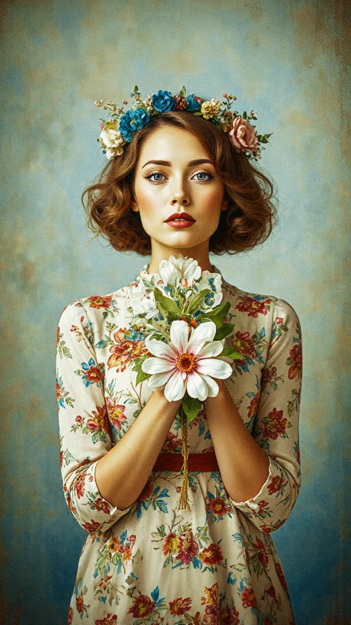 A woman with curly hair dons a floral dress and crown, embracing a bouquet. The teal backdrop evokes vintage elegance and ethereal charm.