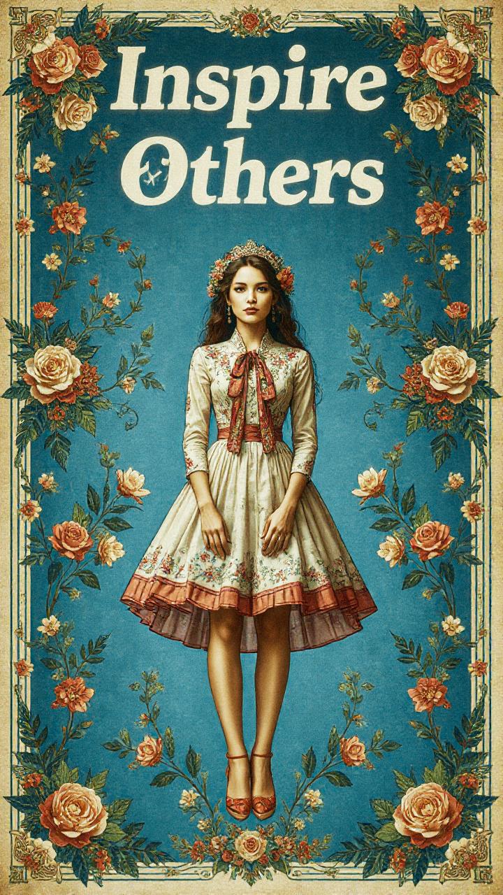 A woman in a floral dress and crown exudes vintage charm, framed by floral borders against blue, with "Inspire Others" overhead—a nod to timeless elegance.