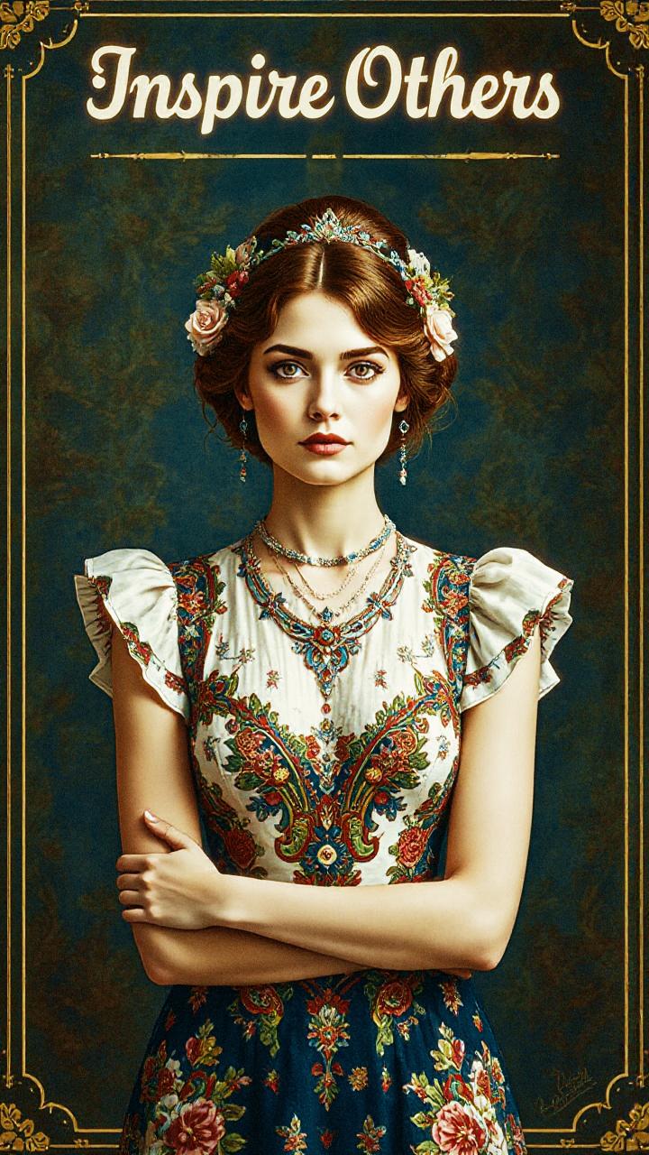 A woman in a vintage floral dress with puffed sleeves, adorned in matching headpiece and jewelry, embodies timeless elegance. "Inspire Others" beautifully hovers above.