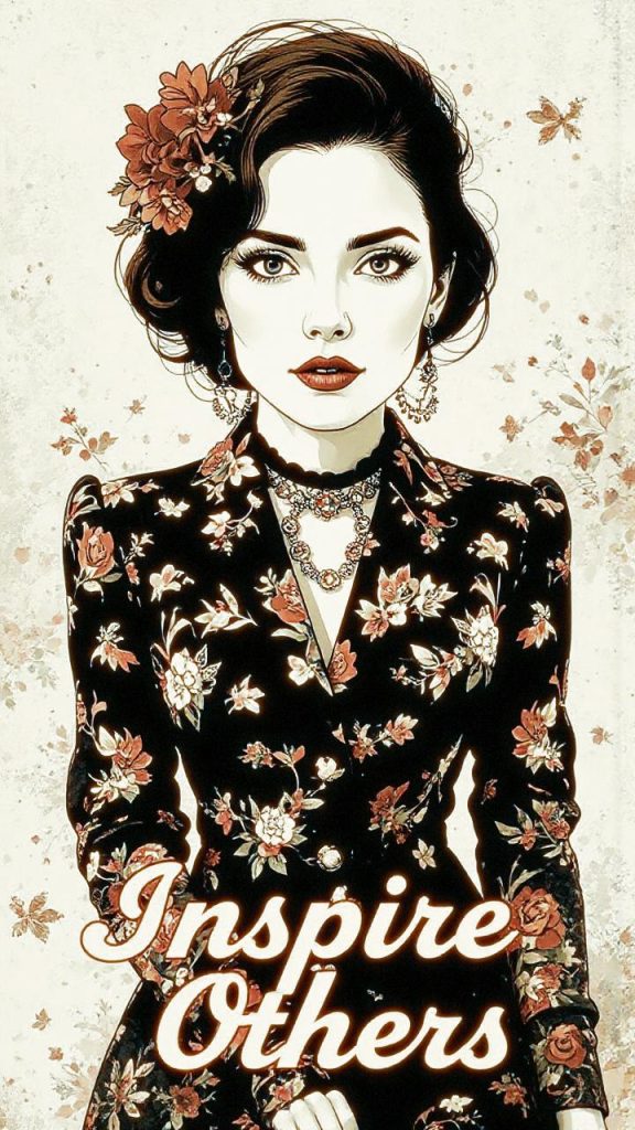 A stylish woman with dark hair dons a floral dress and elegant jewelry, complete with a flower in her hair; abstract florals surround her. “Inspire Others” reads elegantly below.