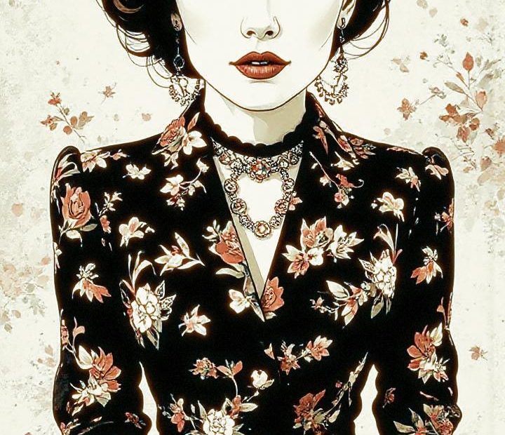 A stylish woman with dark hair dons a floral dress and elegant jewelry, complete with a flower in her hair; abstract florals surround her. “Inspire Others” reads elegantly below.