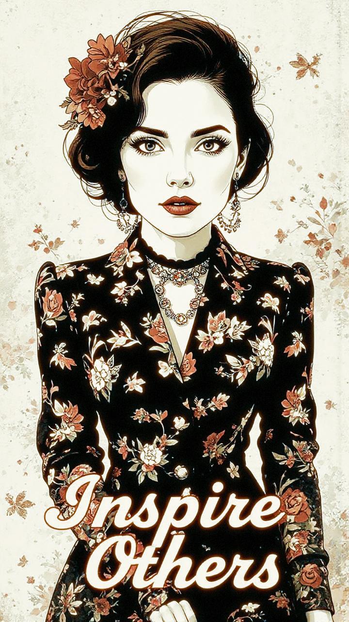 A stylish woman with dark hair dons a floral dress and elegant jewelry, complete with a flower in her hair; abstract florals surround her. “Inspire Others” reads elegantly below.