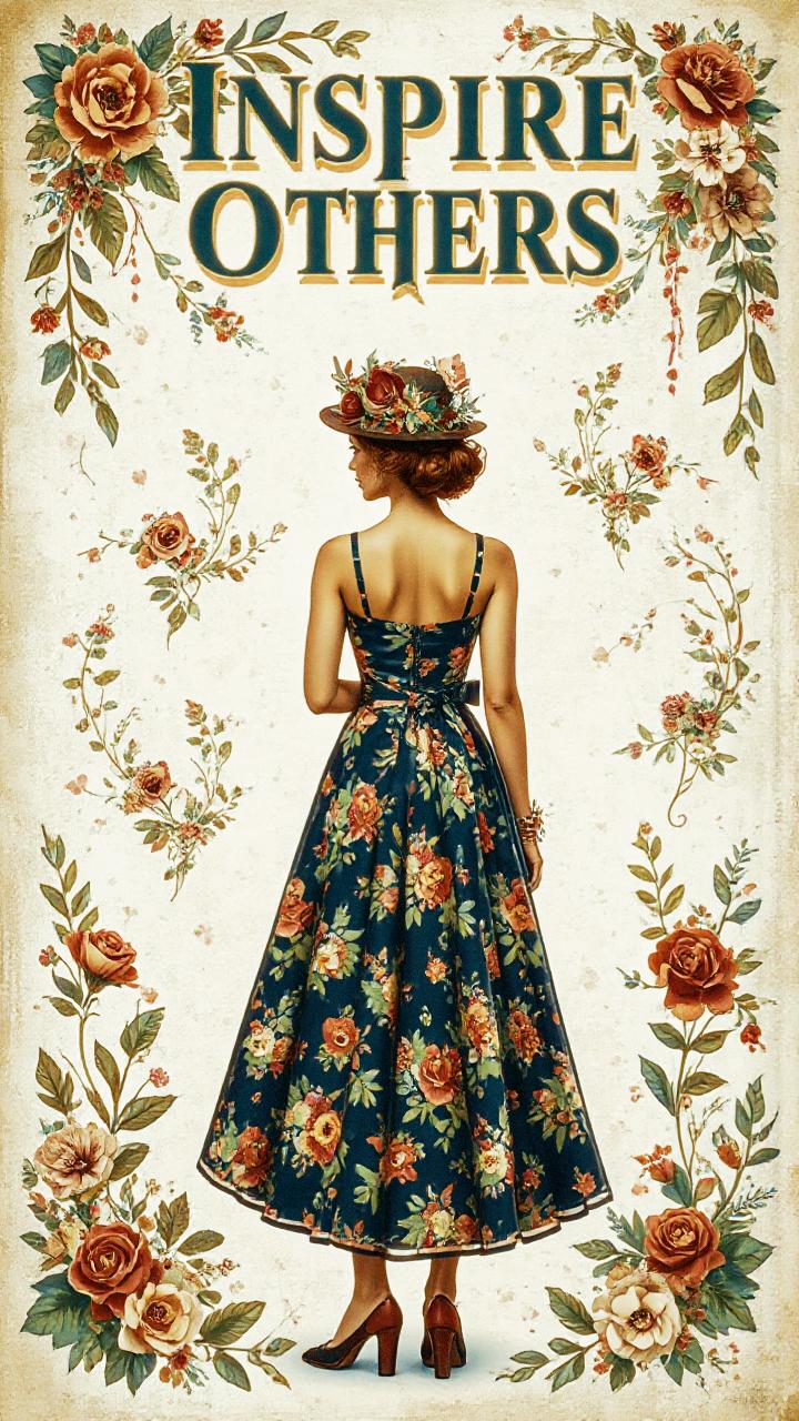 A chic woman in a floral dress and hat, framed by blooms, exemplifies timeless style. Text above: "Inspire Others.