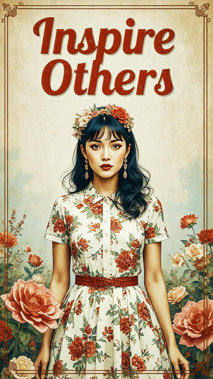 A woman in a vintage-style floral dress and rose crown stands among large roses. Bold red "Inspire Others" above, embodying elegance.