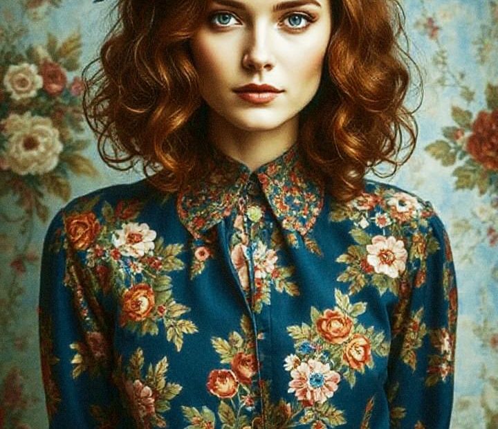 A woman with vibrant red curls and a floral adornment wears a chic blue floral dress, standing against matching wallpaper. "Inspire Others.