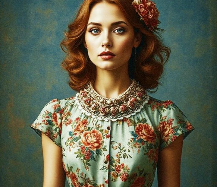 A woman exudes vintage charm in a floral dress against a teal backdrop, adorned with a flower hairpiece and statement necklace. "Inspire Others.