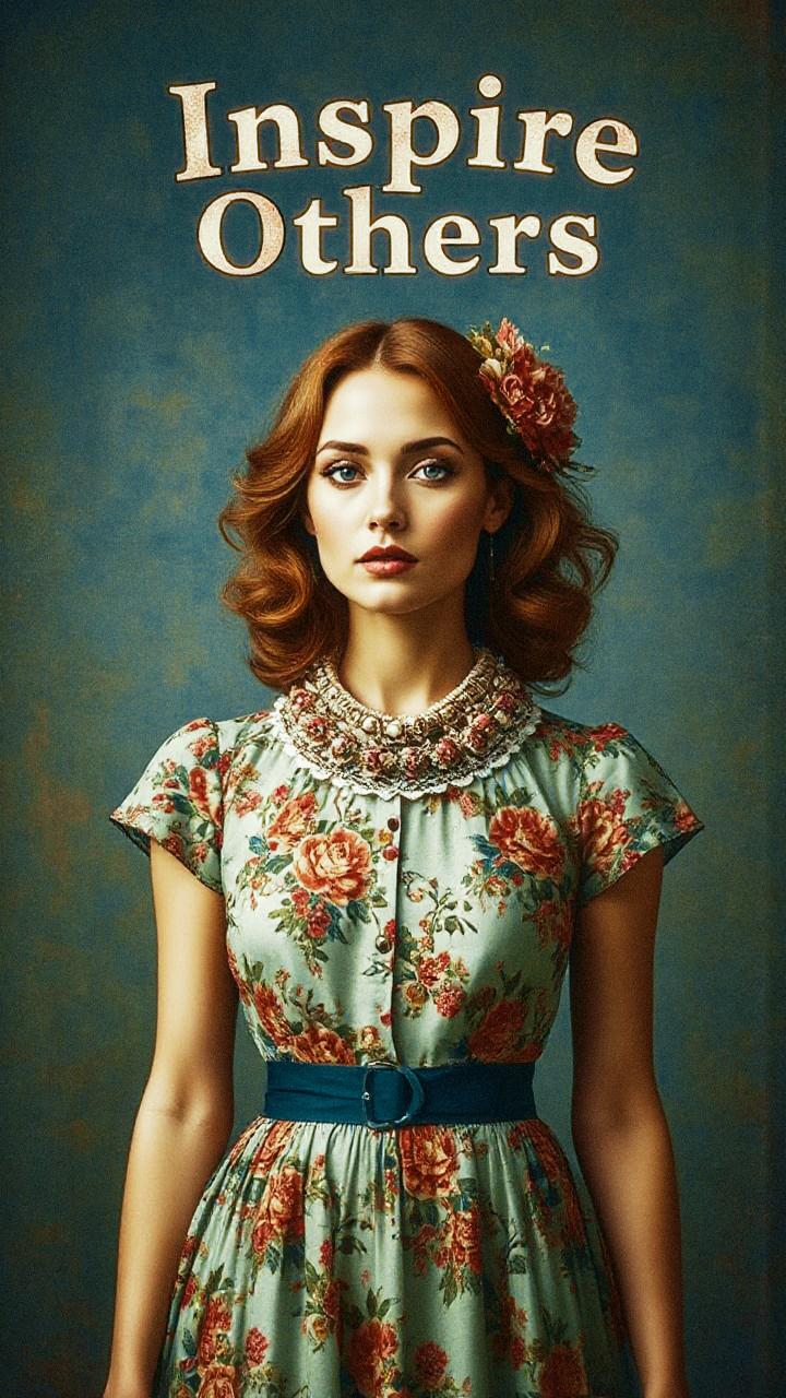 A woman exudes vintage charm in a floral dress against a teal backdrop, adorned with a flower hairpiece and statement necklace. "Inspire Others.