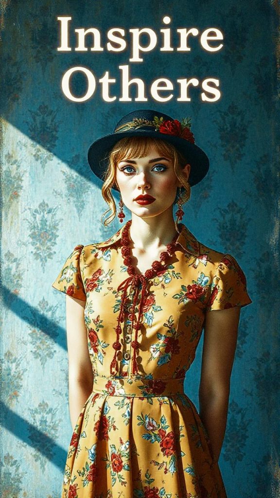 A woman in a chic floral dress and black hat exudes vintage elegance against classic wallpaper, adorned with red lipstick and earrings. "Inspire Others" boldly declares her style mantra.