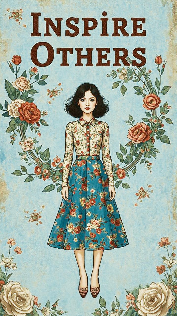A chic illustration of a woman in a floral dress, surrounded by roses on a blue backdrop with "Inspire Others" boldly overhead—a style statement.