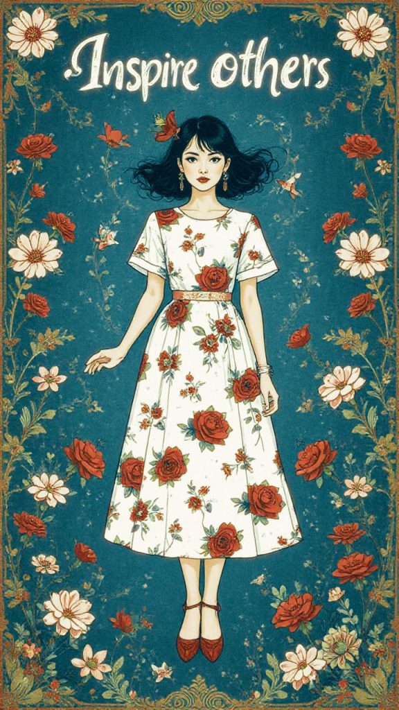 A stylish woman in a vibrant floral dress, adorned with roses, stands against a blue backdrop alive with flowers and butterflies. "Inspire others" headlines the scene, highlighting the trend of nature-inspired fashion.