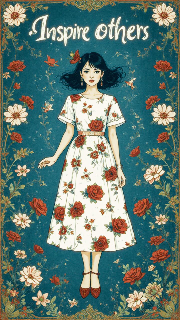 A stylish woman in a vibrant floral dress, adorned with roses, stands against a blue backdrop alive with flowers and butterflies. "Inspire others" headlines the scene, highlighting the trend of nature-inspired fashion.
