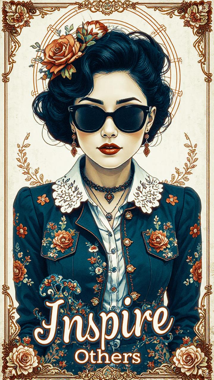 A chic portrait of a woman exudes elegance with floral embroidery, rose-adorned hair, bold sunglasses, and statement jewelry. "Inspire Others" enhances the style.