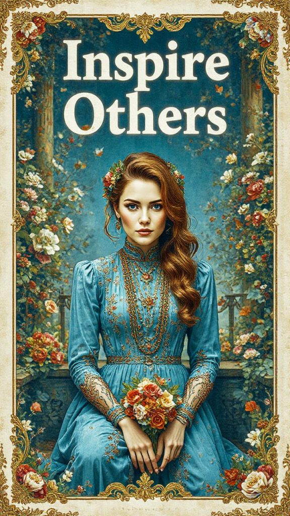 A woman in an ornate blue dress sits gracefully in a floral garden, bouquet in hand. The vintage scene and "Inspire Others" text exude timeless elegance.