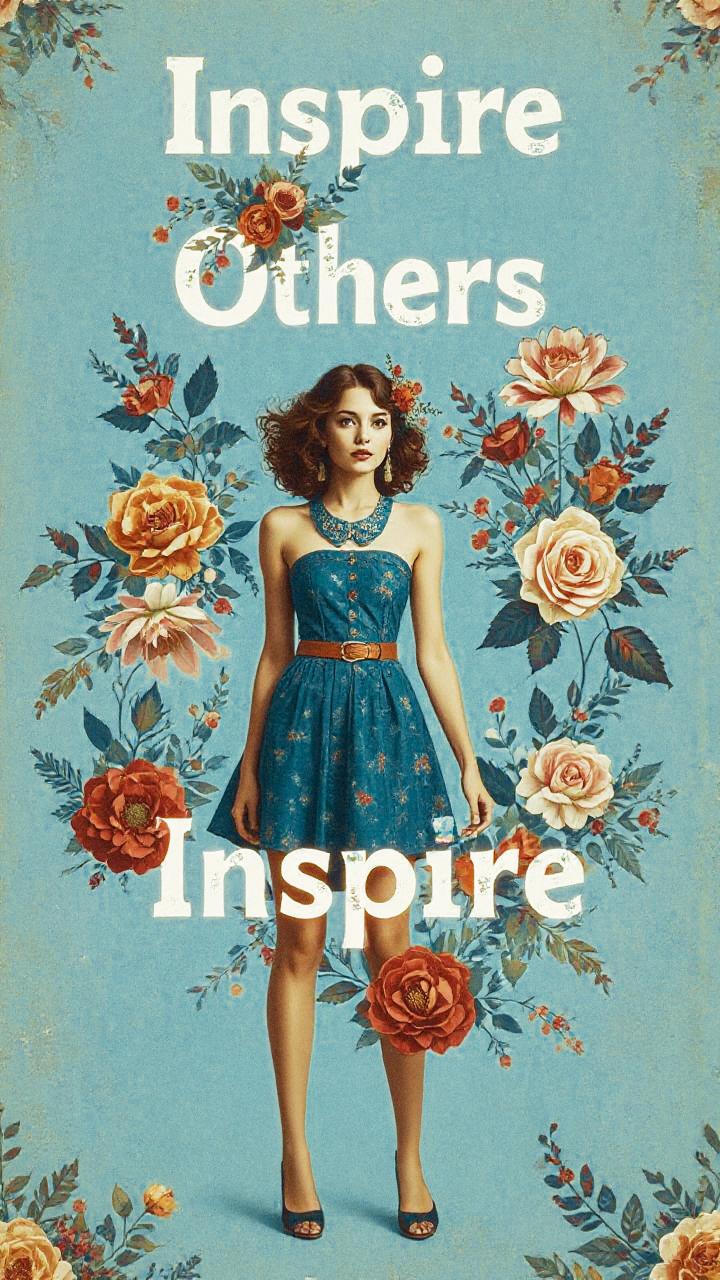 A woman in a chic blue dress, framed by roses, stands against a matching background. "Inspire Others Inspire" boldly highlights her elegance.
