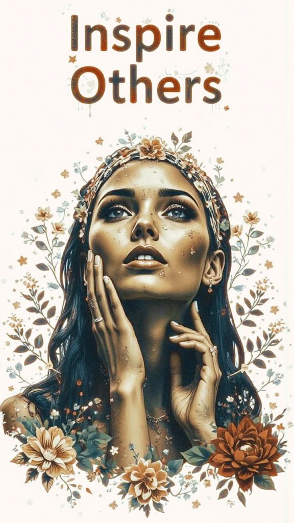 A woman adorned with floral hairpieces gazes upwards amid vibrant blooms, set against earthy tones. "Inspire Others" echoes in bold at the top.