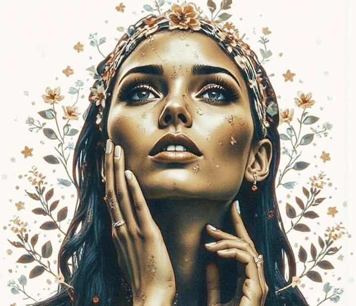 A woman adorned with floral hairpieces gazes upwards amid vibrant blooms, set against earthy tones. "Inspire Others" echoes in bold at the top.