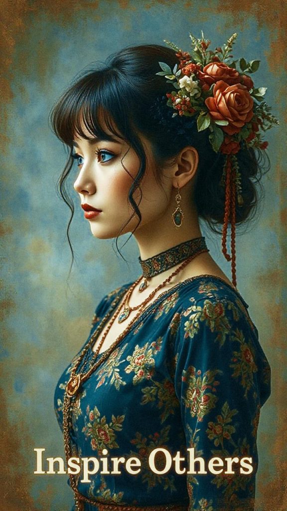 A woman in a floral dress adorned with roses and vintage jewelry exudes timeless elegance, epitomizing the "Inspire Others" mantra against a muted teal backdrop.