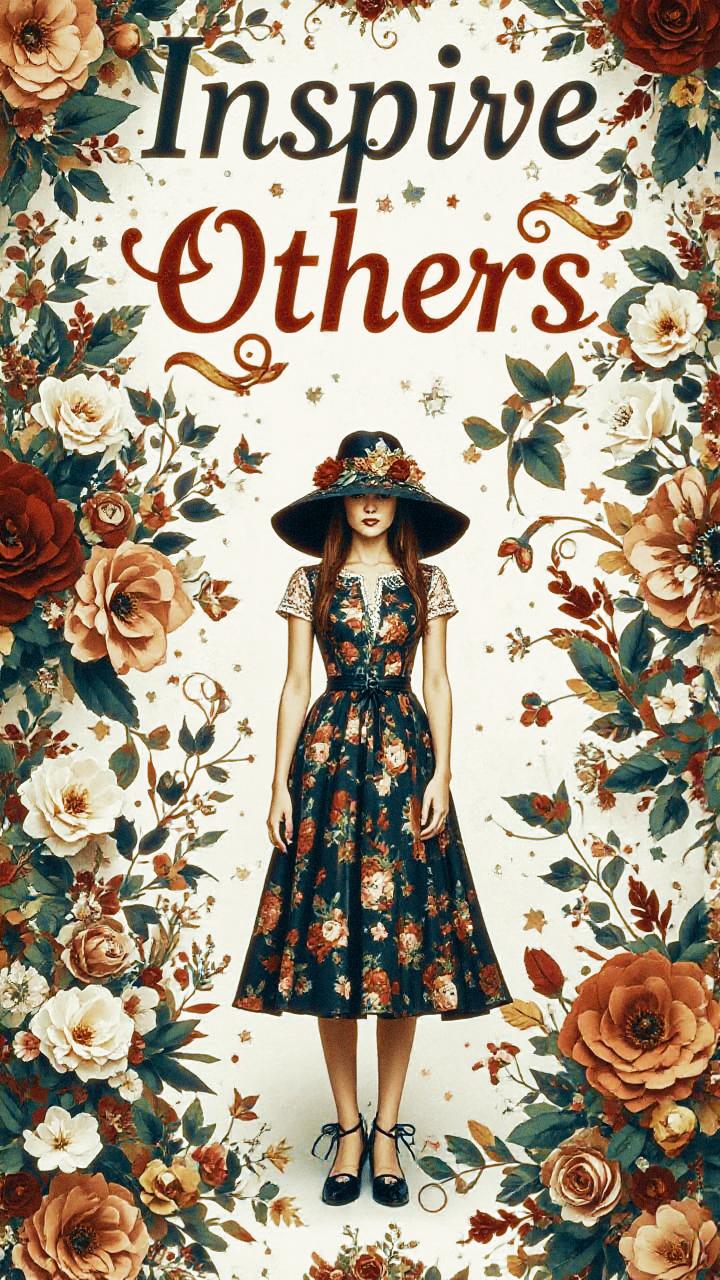A woman in a vintage floral dress and hat stands surrounded by vibrant blooms, under stylish "Inspire Others" lettering. A retro-chic vision!.