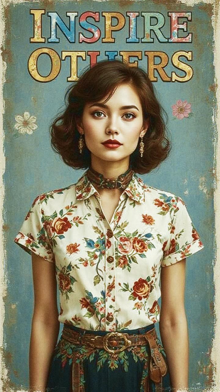 A chic woman with short brown hair poses against a floral blue backdrop, donning a floral blouse, choker, and earrings. "Inspire Others.