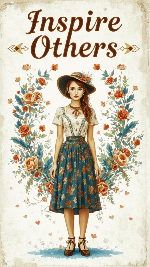 A woman in chic vintage floral attire stands elegantly amid blossoms. "Inspire Others" graces the scene, reflecting fashion's timeless trend.