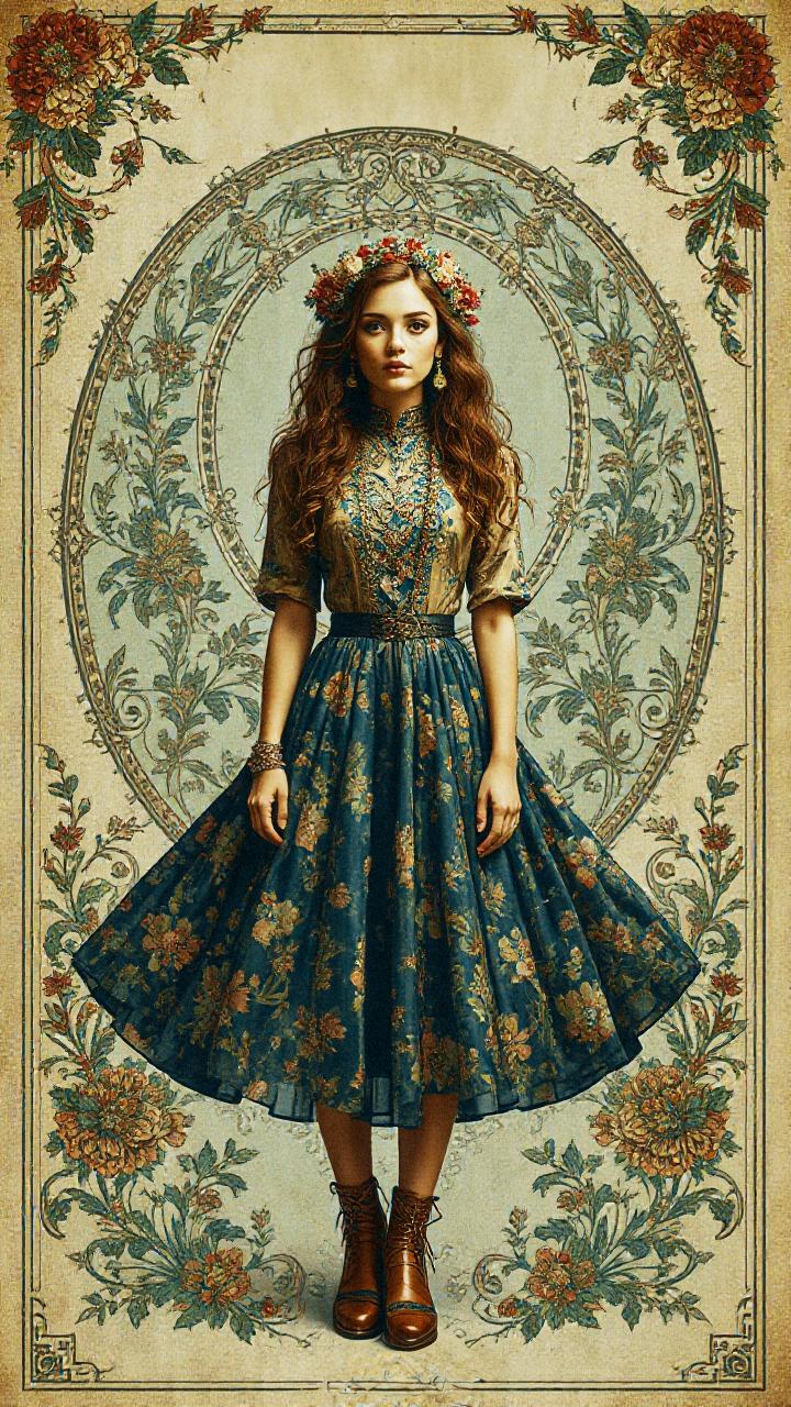A woman exudes vintage charm in a floral dress and headband, standing against a symmetrically ornate backdrop, showcasing boho-chic style.