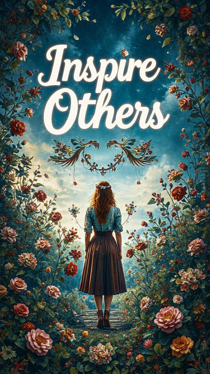 A young fashionista in a floral-themed garden gazes upwards, surrounded by roses and peonies. "Inspire Others" shines boldly above, embracing the blossoming trend of nature-inspired accessories.