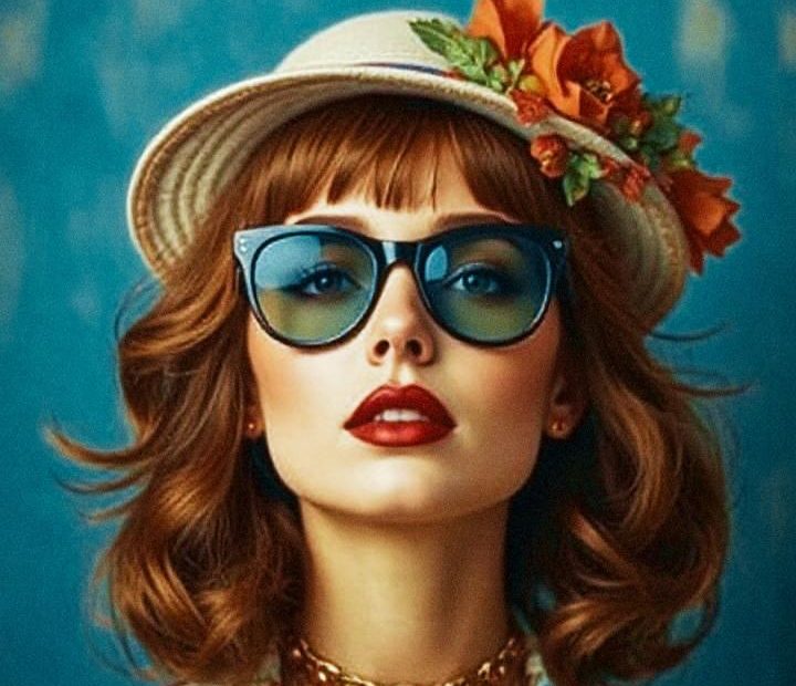 A chic individual dons a floral top, sunglasses, and a hat with orange blossoms against a blue background; "Inspire Others" echoes in style.