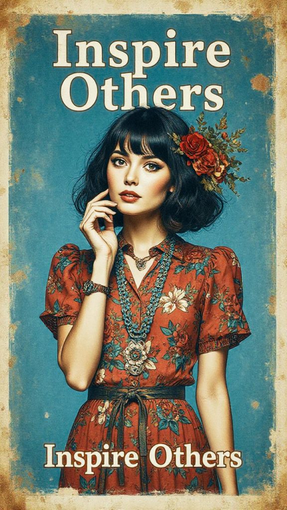 Digital artwork features a vintage-inspired woman with dark hair, wearing a red floral dress. "Inspire Others" graces the textured blue background.