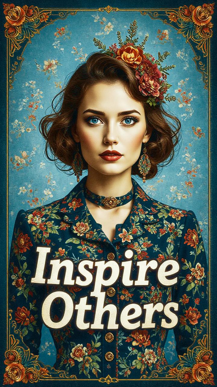 A woman with chic short brown hair dons a floral dress and headpiece, blending seamlessly into an ornate floral blue backdrop. "Inspire Others" boldly captures the vintage fashion vibe, merging style with motivation.