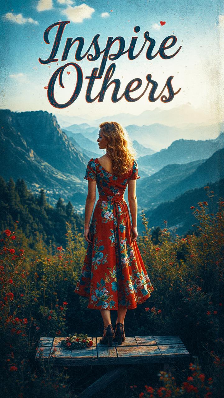 A woman in a floral dress stands on a wooden deck, gazing at majestic mountains. "Inspire Others" elegantly highlights this chic bohemian moment.