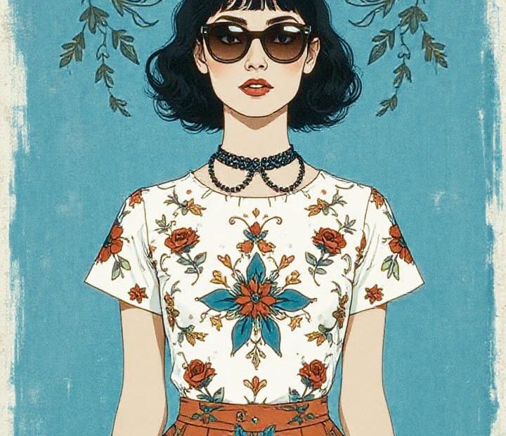 A chic illustration of a woman rocking short black hair and sunglasses, donning floral fashion against a blue botanical backdrop. "Inspire Others.