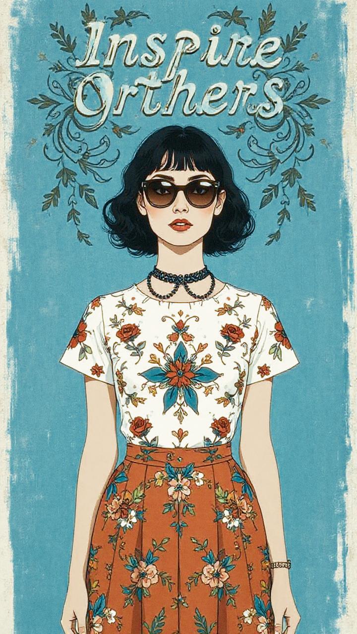 A chic illustration of a woman rocking short black hair and sunglasses, donning floral fashion against a blue botanical backdrop. "Inspire Others.