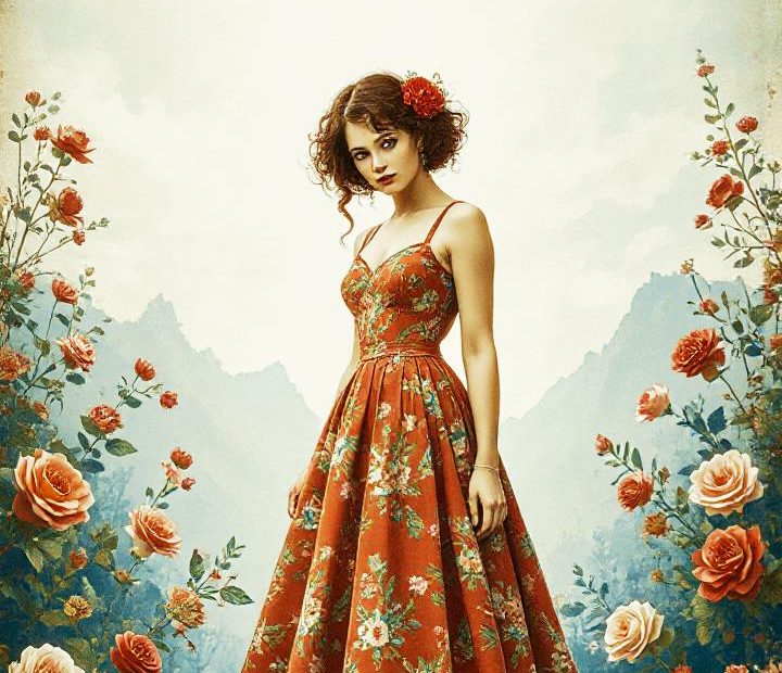 A woman in a floral dress amid blooming roses against mountain backdrops. Bright sky with "Inspire Others" evokes nature-inspired fashion elegance.