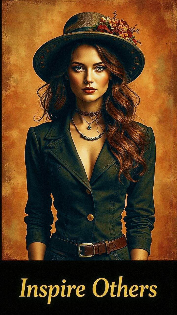 A woman with flowing brown hair dons a floral-adorned hat, a chic buttoned dress, layered necklaces, and a belt. Text: "Inspire Others.