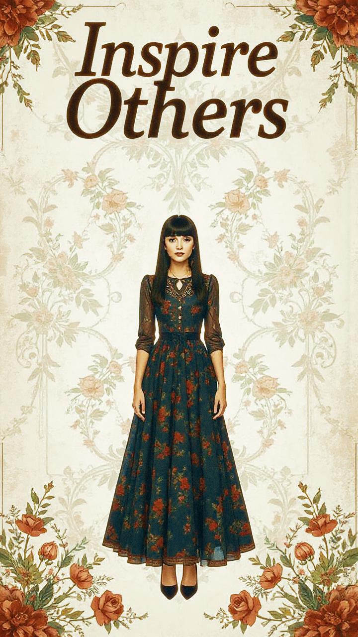 A woman in a vintage-inspired floral dress with sheer sleeves stands before a floral backdrop, embodying the "Inspire Others" spirit in fashion.