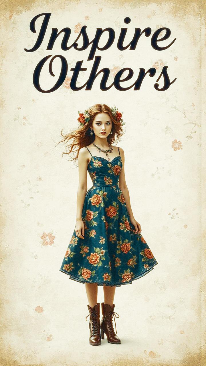 A young woman epitomizes boho chic in a floral dress, boots, and flower crown. Against a subtle backdrop, she radiates the message: "Inspire Others.