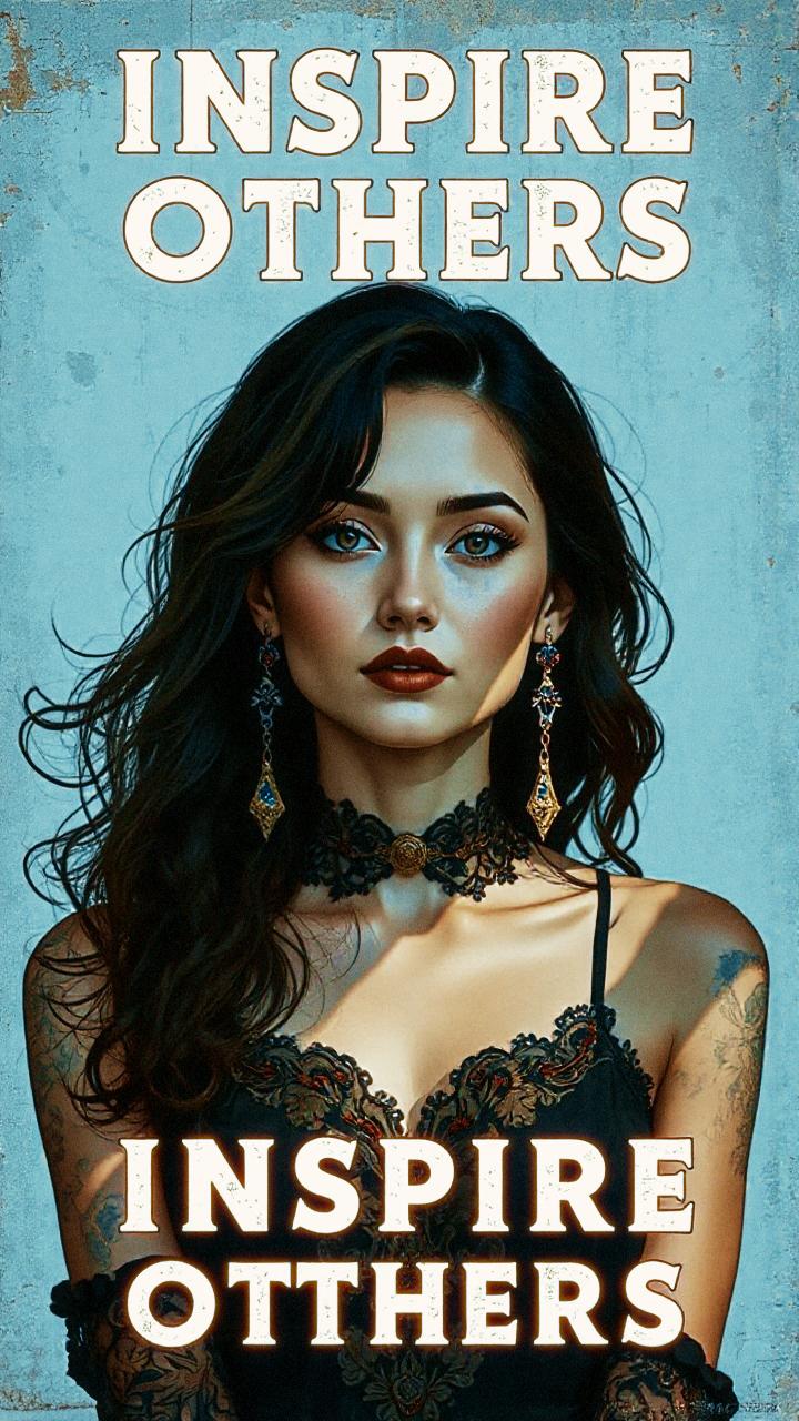 A stylish woman with long hair and statement earrings stuns in a black lace dress; "INSPIRE OTHERS" boldly frames her against a textured backdrop.