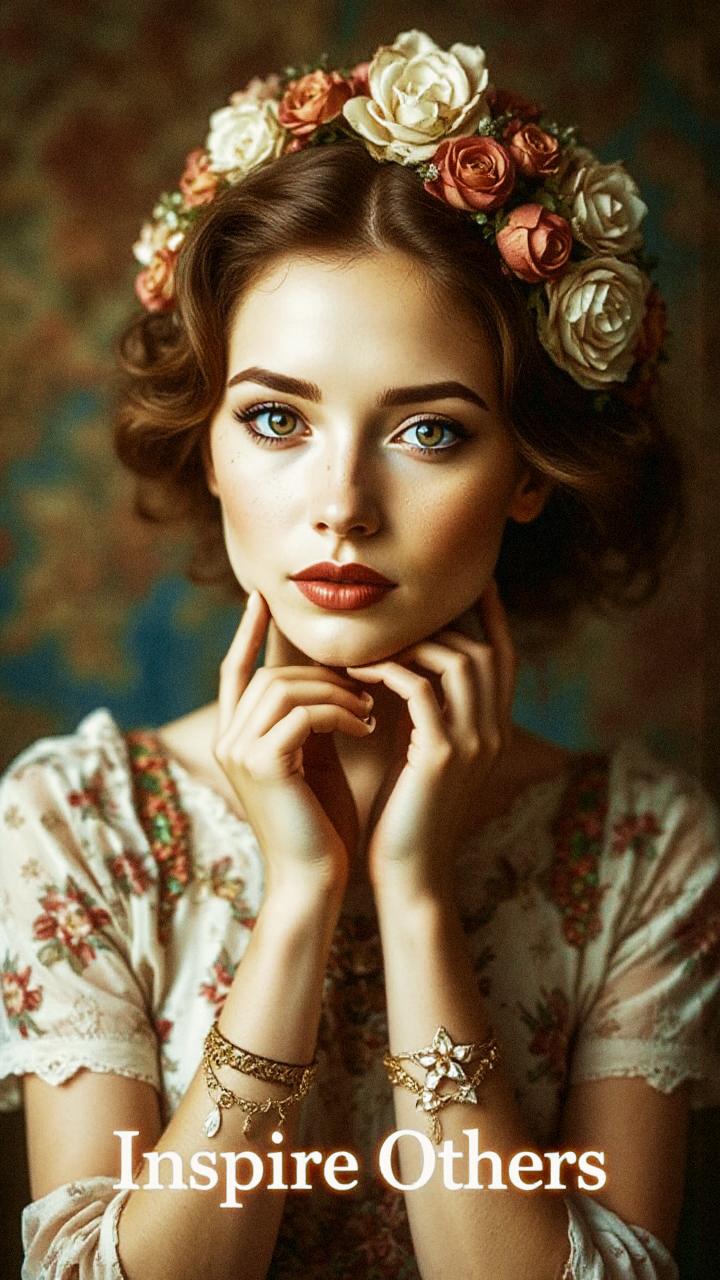 A woman in a floral-patterned dress and matching headpiece exudes elegance, her intense gaze capturing the "Inspire Others" mantra.
