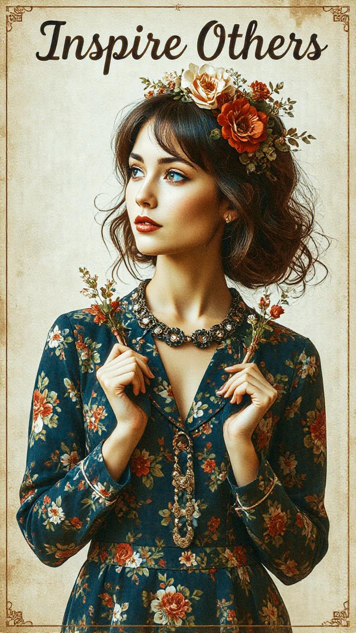 A woman in a floral dress and flower crown gazes aside, embodying vintage elegance—"Inspire Others" graces the image above.
