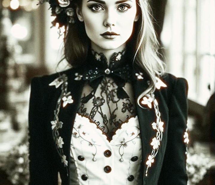 A confident woman exudes vintage elegance in a lace dress, embroidered jacket, and floral headpiece. Sepia tones enhance the classic fashion vibe; "Inspire Others" reads below.